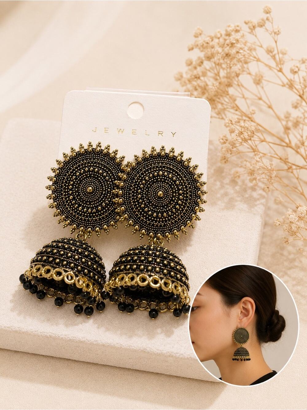 Bollywood Fashion Wedding Earrings Womens Black Gold Tone Dome Dangle Fringe